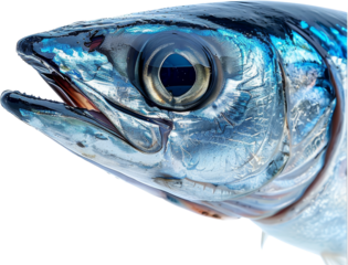 Close-up shot of a shiny fish head with detailed scales and a vivid blue hue, perfect for aquatic or marine-themed content.