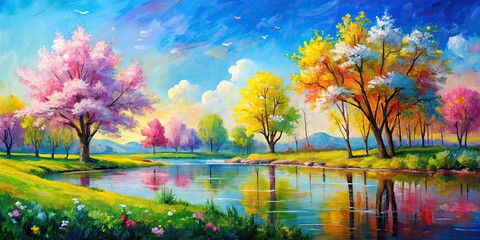 Colorful palette knife painting of a peaceful spring landscape, serene, spring, palette knife, painting, colorful, vibrant