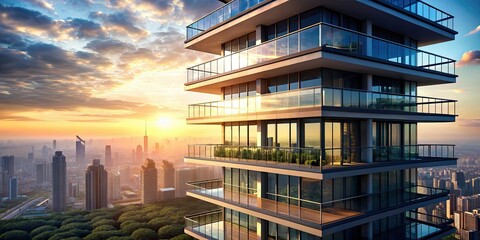 Futuristic isometric tower with balconies overlooking the cityscape, futuristic, isometric, single, residential