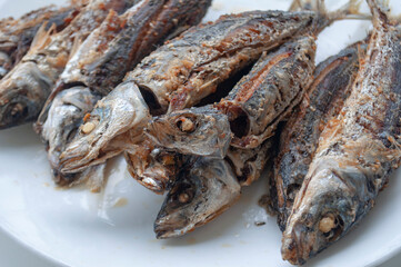 Deep fried sardines fish on white place. Asian food concept.