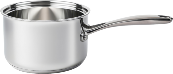 Stainless steel saucepan with a long handle.