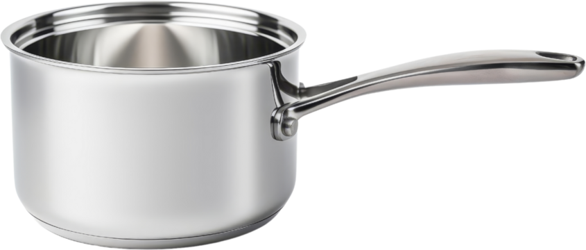 Stainless steel saucepan with a long handle.