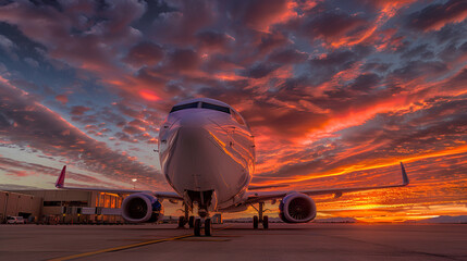 Airplane parked on a runway during a vibrant sunset capturing the intersection of aviation and natural beauty, Runway sunsets provide pilots with unique visual cues for navigation