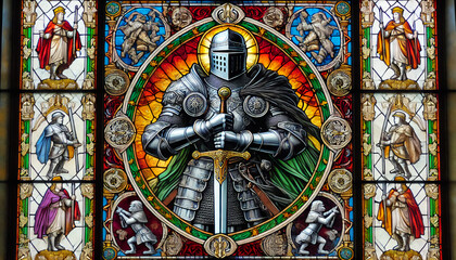 Highly detailed stained glass window with knight in armor