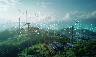 A conceptual image showcasing the integration of green energy solutions and sustainable power engineering, with symbols like wind turbines, solar panels, and eco-friendly, Generative AI