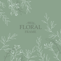 Flowers and twigs in white color on a green background. Card, template for the invitation.  Invitation to a wedding or other holiday. White plants on a green background. Vector floral frame.