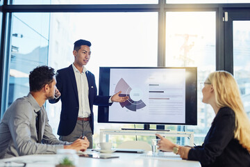 Meeting, presentation and business man with charts for financial profit, infographics or growth...