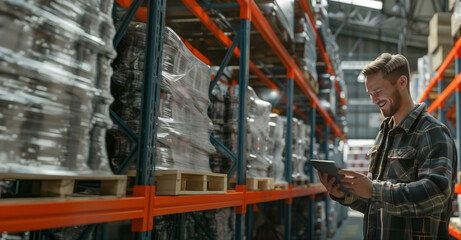 A logistics employee is smiling while using a tablet in a large warehouse. The warehouse shelves are stocked with goods wrapped in plastic, an organized and efficient storage system.