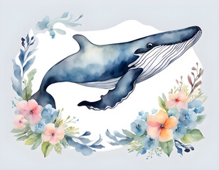 Obraz premium Cute whale watercolor illustration. Watercolor painting of whale. 