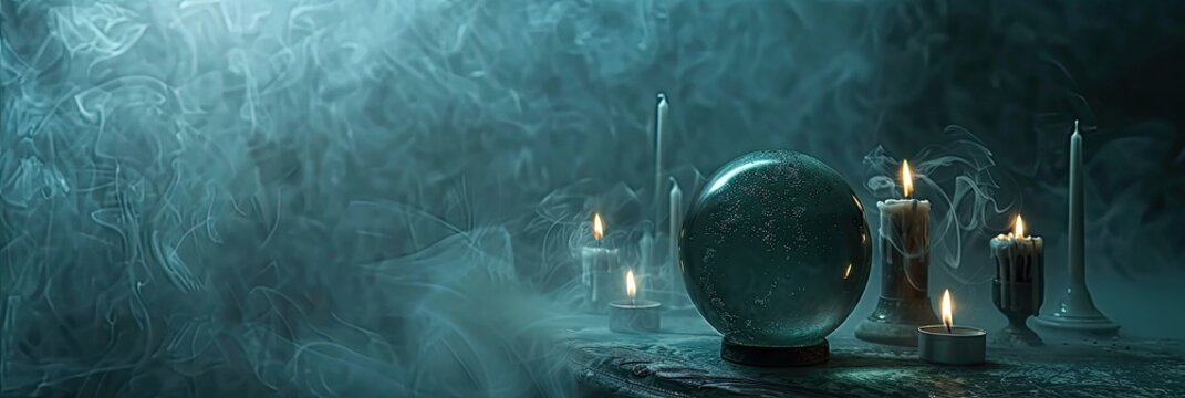 A ghostly seance table with floating candles and a crystal ball, with the ball's surface blank space for text