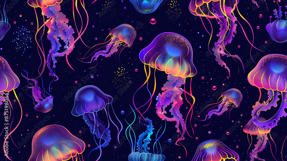 Poster seamless pattern of colorful jellyfish swimming in dark water, a vibrant and mesmerizing design