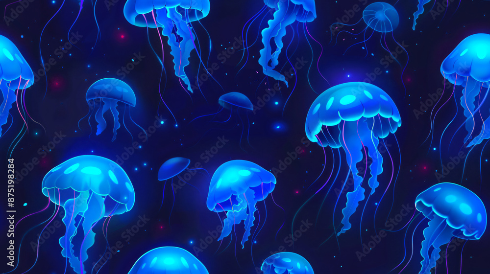 Aufkleber glowing blue jellyfish in dark water with luminous particles creating a seamless pattern