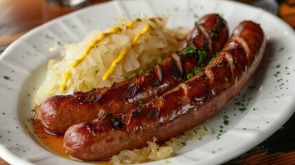 A classic German bratwurst with sauerkraut and mustard on a white plate.
