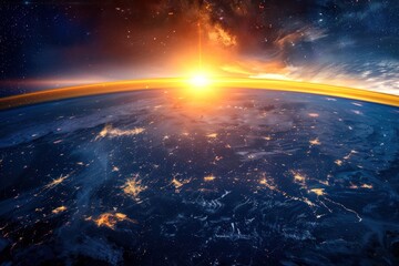 Stunning view of Earth from space at sunrise, highlighting the illuminated cityscapes and vast oceans