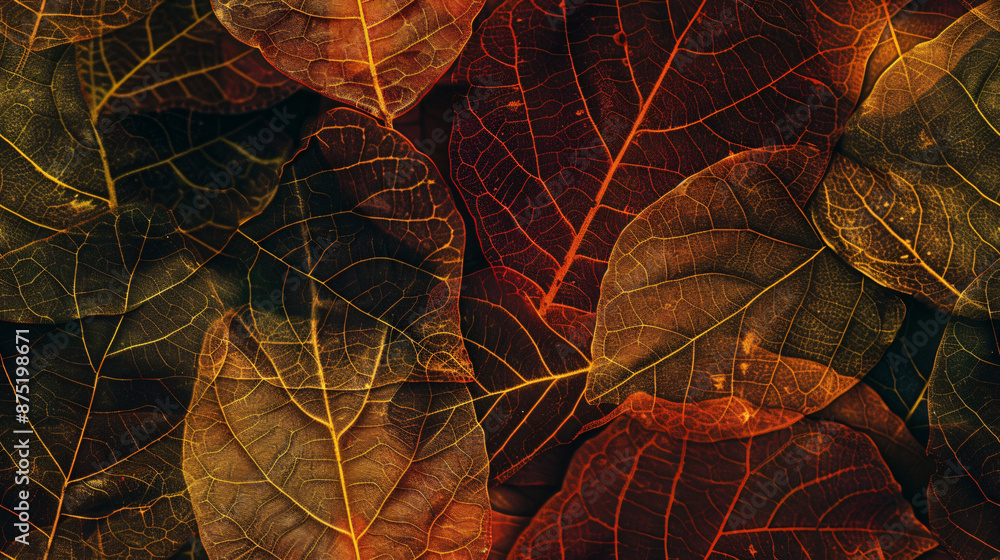 Poster beautiful natural pattern of intricate veins in warm fall colors on autumn leaves background