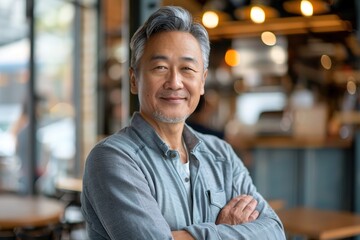 Fototapeta premium Confident older man smiling, arms crossed in casual setting