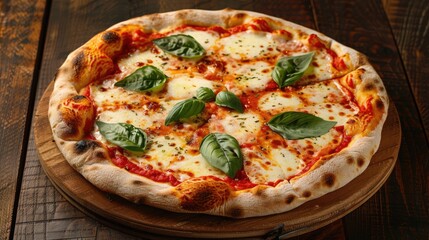A classic Italian Margherita pizza with fresh basil leaves, served on a rustic wooden board.