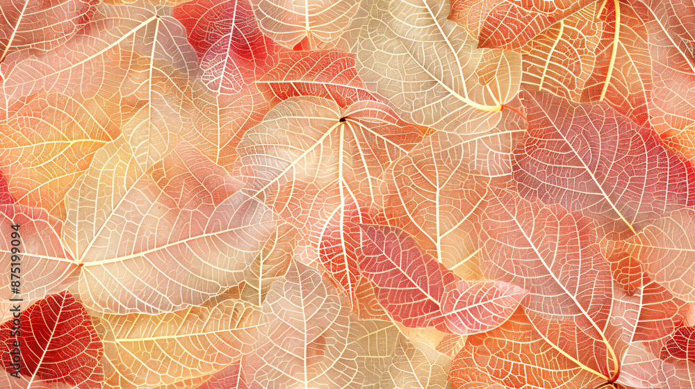 Poster delicate pattern of intricate red and yellow autumn leaves skeletons on a background