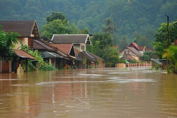 Fototapeta premium The village in flooding natural disaster