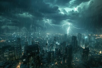 thundering storm above futuristic city, with lightning bolts striking down from the sky