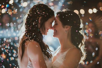 Two brides share a close moment amidst falling confetti at their wedding celebration, with a warm,