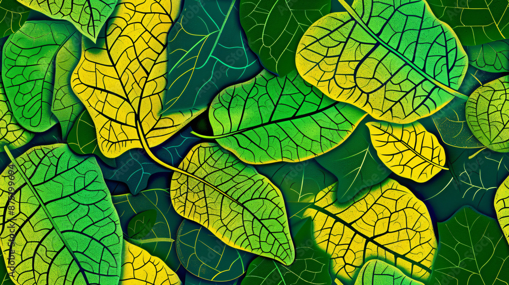 Poster seamless pattern of green and yellow tobacco leaves creating a textured background