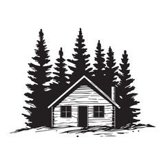 Simple logo icon of log cabin landscape scene, black vector illustration on white background