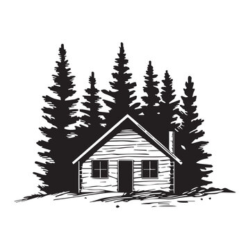 Simple logo icon of log cabin landscape scene, black vector illustration on white background
