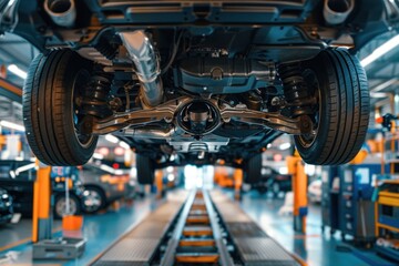 Fototapeta premium View of a car's undercarriage lifted in an auto repair shop, showing the exhaust system, suspension, and other components