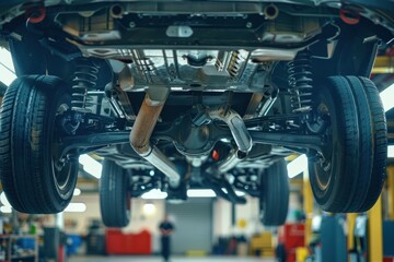 View of a car's undercarriage lifted in an auto repair shop, showing the exhaust system, suspension, and other components