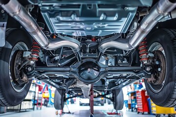 View of a car's undercarriage lifted in an auto repair shop, showing the exhaust system, suspension, and other components