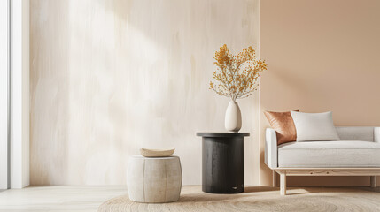 Minimalist living room interiors in soft and warm colors with minimal furniture and copy space. Stylish realty composition for advertising.