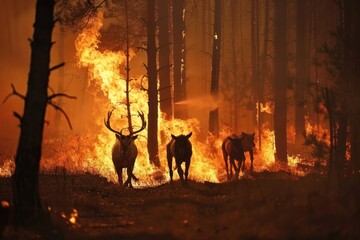 Wild animals running in the forest to escape a forest fire