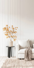 Minimalist living room interiors in soft and warm colors with minimal furniture and copy space. Stylish realty composition for advertising.