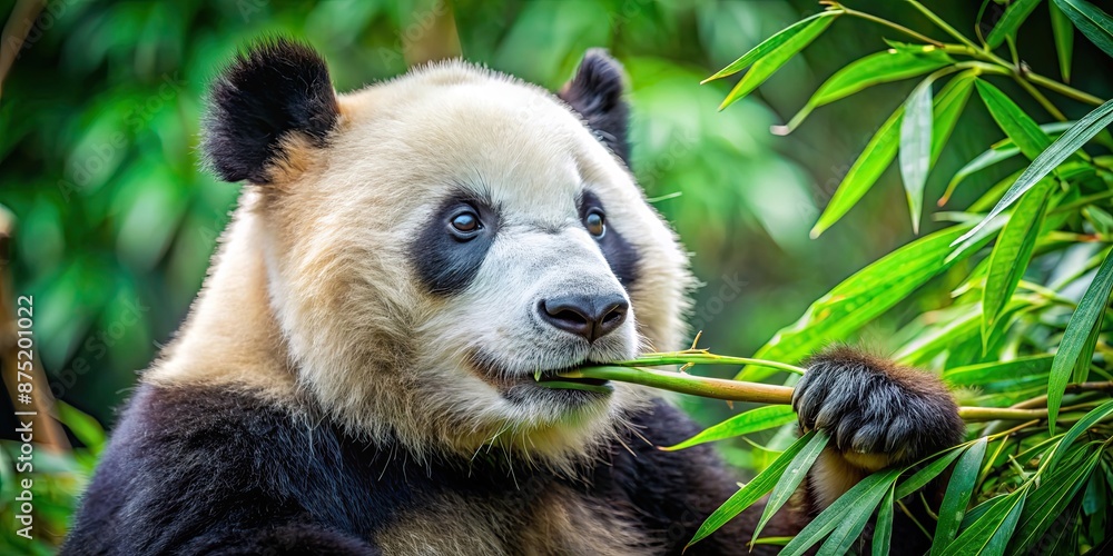 Sticker Giant panda peacefully nibbling on fresh bamboo stalks, giant panda, eating, bamboo, wildlife