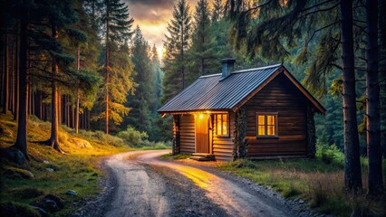 Cozy cabin glowing with light on a dark rural road, cabin, cozy, glowing, light, dark, rural, road, countryside, tranquil