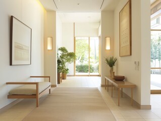 Fototapeta premium Serene Fusion: Minimalist Edo-Inspired Entryway with Timeless Japanese Decor and Golden Ratio Layout