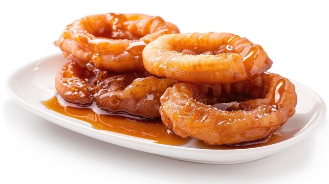 A dish of Peruvian picarones with syrup on a white background.