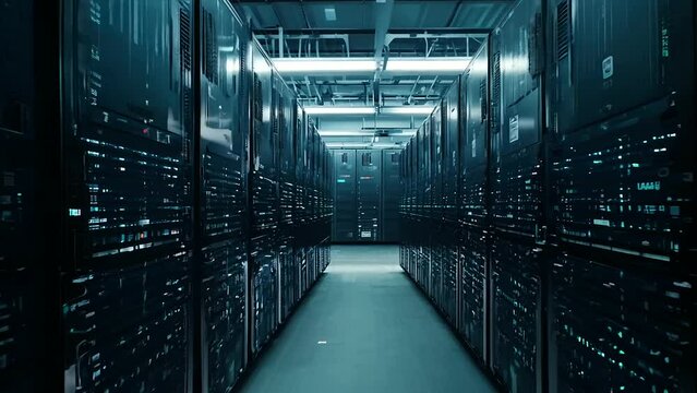 dark and ominous server room filled with rows of servers and blinking lights