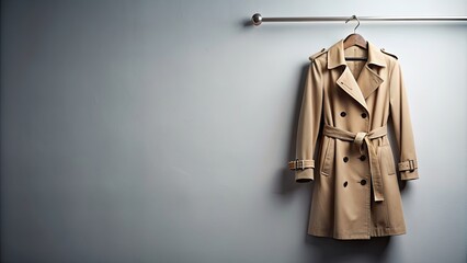 Naklejka premium Fashionable women's trench coat hanging as a display , fashion, clothing, style, trench coat, woman, feminine, elegant, outerwear