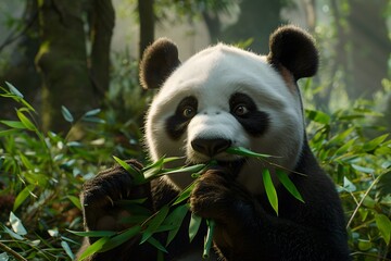 close up ,panda bear eating bamboo in the forest