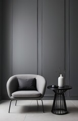 Grey wall panels and a black side table in minimalistic interior design composition.
