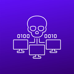 Botnet or bot attack icon, computer malware linear vector