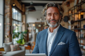 Fototapeta premium Smiling Middle-Aged CEO Using Digital Tablet
