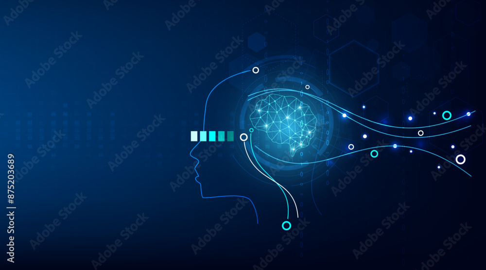 Poster technology artificial intelligence (ai) brain animation digital data concept.big data flow analysis.
