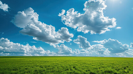 Obraz premium Fluffy white clouds dot the bright blue sky, casting shadows on the lush green field below.