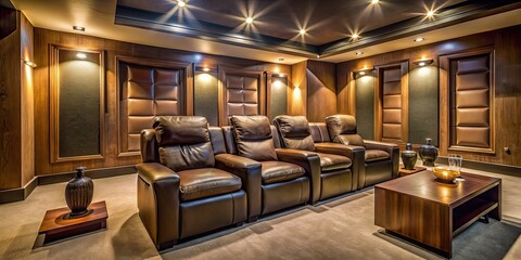 Cozy small cinema room with plush seating and dim lighting, home theater