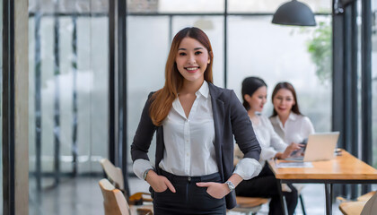 Obraz premium Shot of successful business team posing for presentation of work while looking at camera. Generative AI.