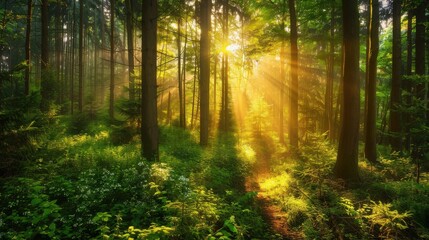 Warm light of the golden hour shining through a forest, highlighting the green foliage