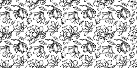 Vector floral seamless pattern of magnolia branches. Romantic elegant endless background